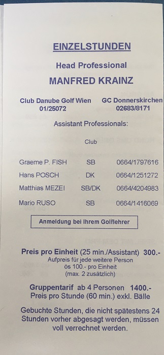 A poster advertising the Süßenbrunn Golf School in 2000, including Graeme Fish's mobile number, kindly supplied by Graeme Fish